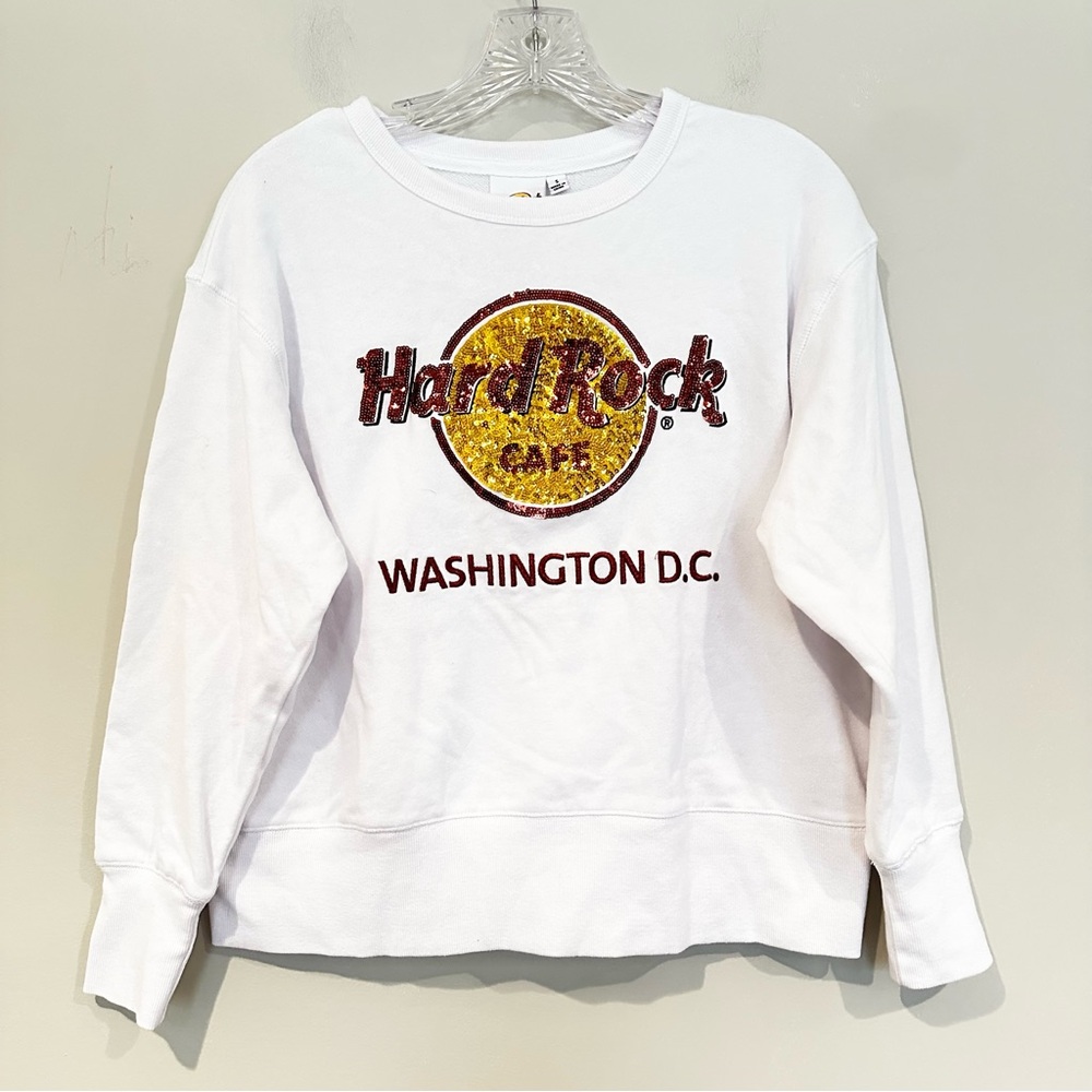 Hard Rock Cafe Washington DC Sequin Sweatshirt Women's Small White‎ Embroidered